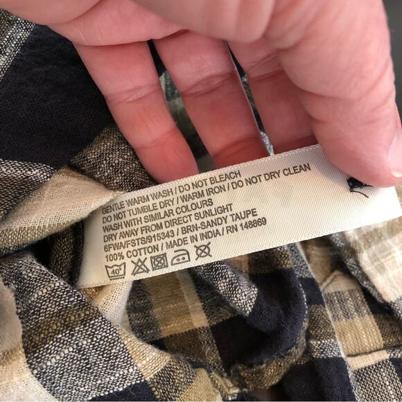 Fat Face navy blue tan and cream plaid button down top size 12 - Picture 14 of 15